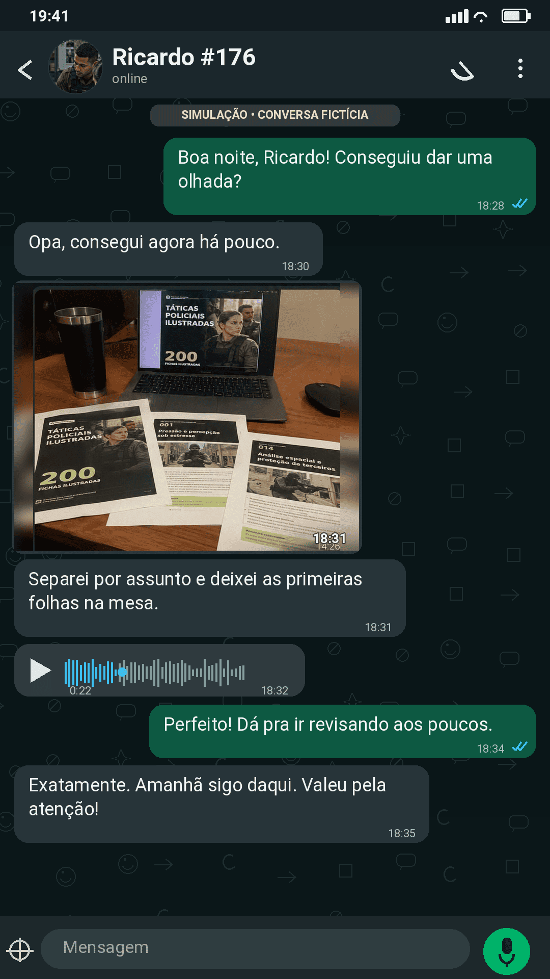 Print de WhatsApp: conversa com Ricardo mostrando as primeiras fichas impressas separadas por assunto sobre a mesa