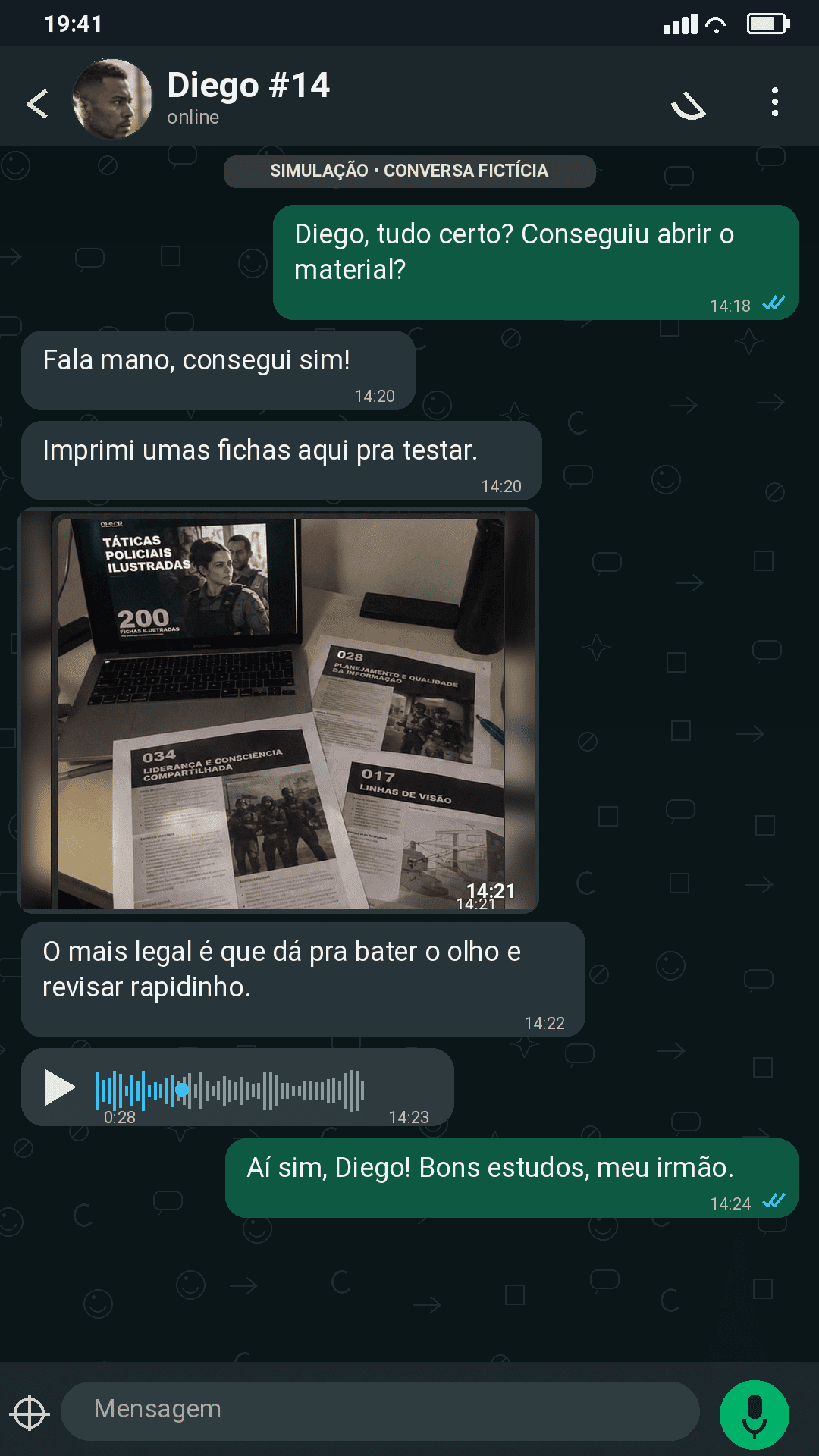 Print de WhatsApp: conversa com Diego mostrando o material aberto no notebook e fichas impressas, dizendo que dá para revisar rapidinho