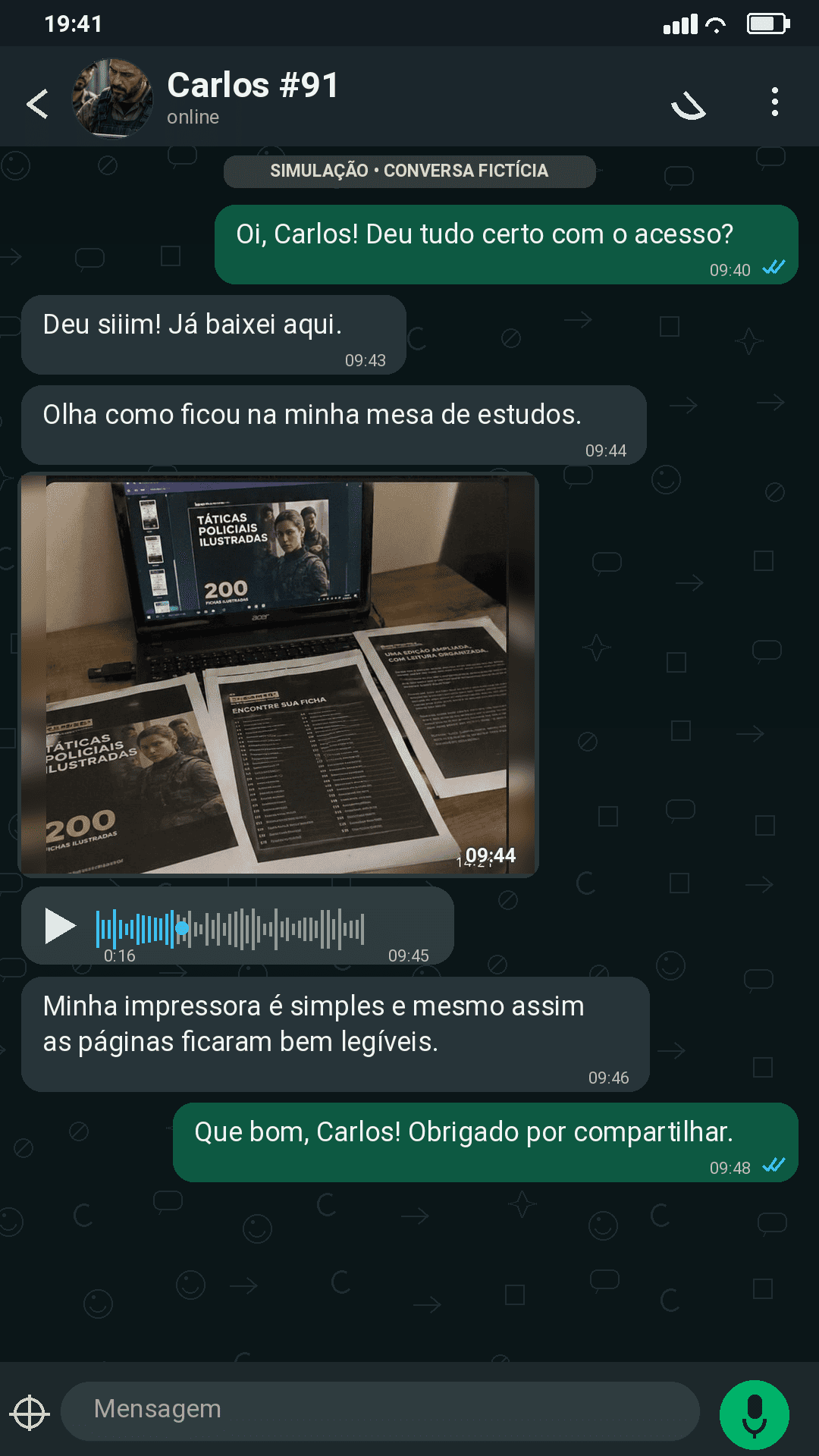 Print de WhatsApp: conversa com Carlos mostrando a mesa de estudos com o manual e o sumário impresso, dizendo que as páginas ficaram bem legíveis