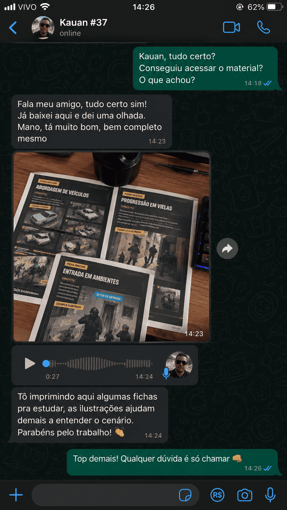 Print de WhatsApp: conversa com Kauan contando que baixou o material, achou bem completo e está imprimindo fichas para estudar