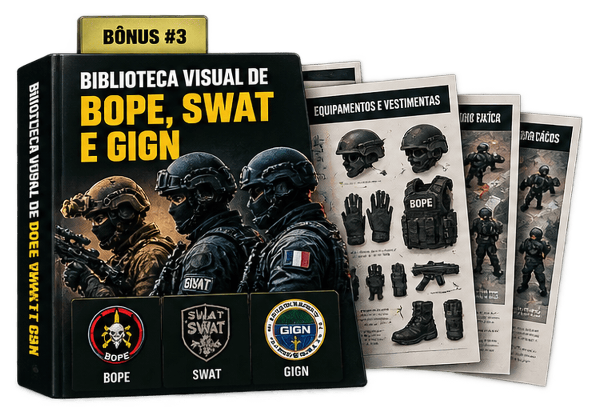 Capa do bônus Biblioteca Visual de BOPE, SWAT e GIGN: livro preto com título em amarelo e branco, três operadores ilustrados e fichas de equipamentos ao lado