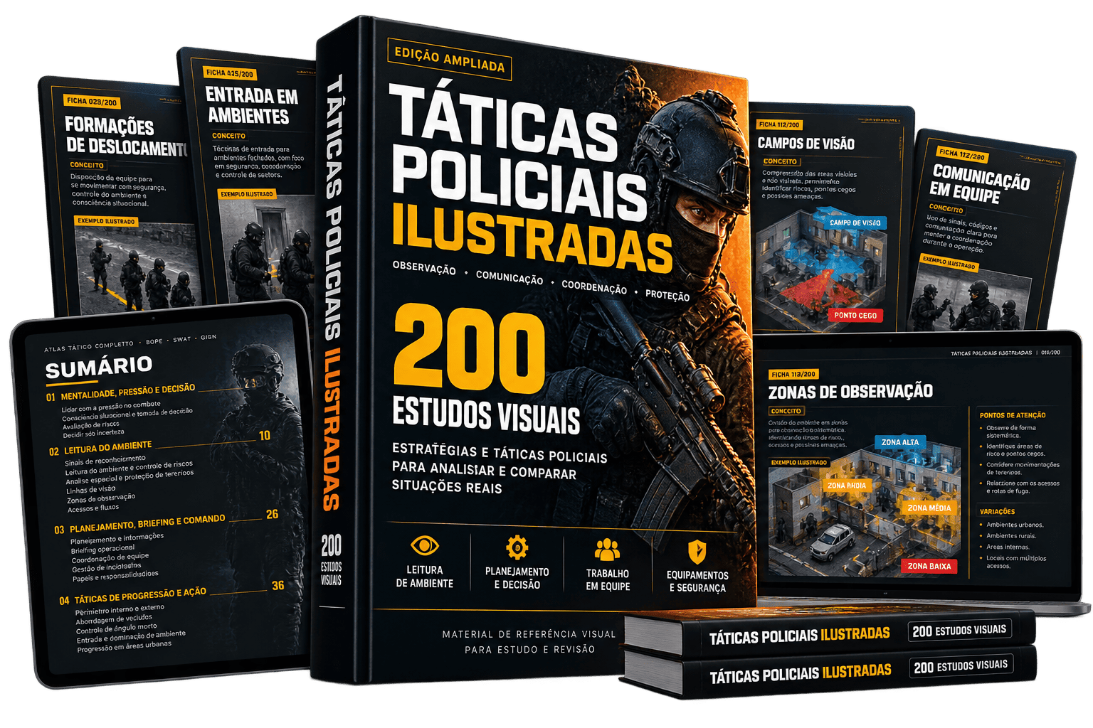 Mockup do material Táticas Policiais Ilustradas: livro, tablet com sumário, fichas visuais e notebook