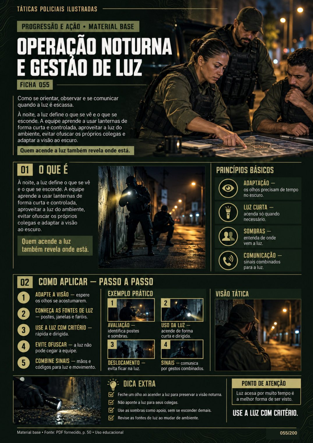 Ficha 055 — Operação Noturna e Gestão de Luz: ilustrações e blocos instrutivos