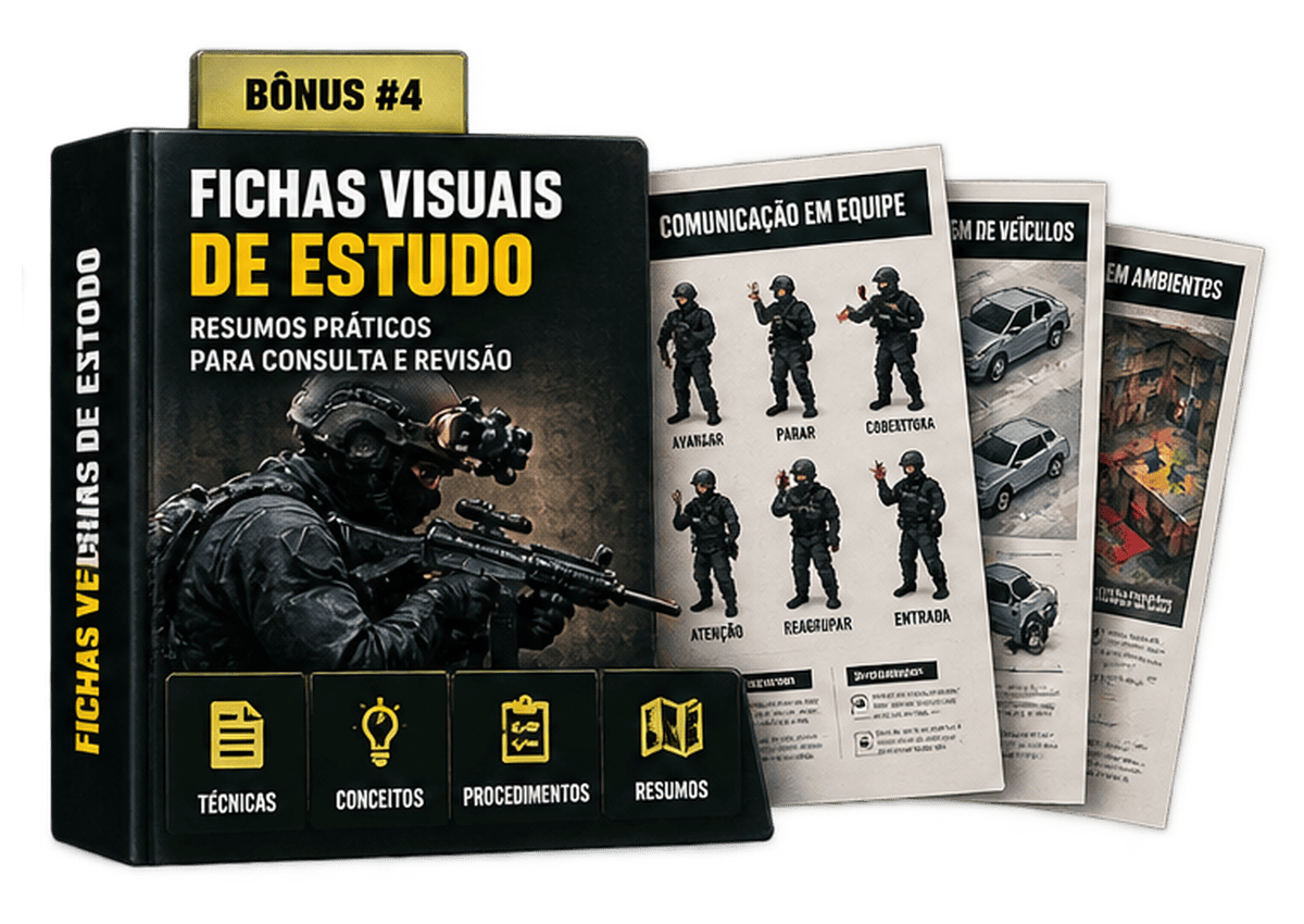 Capa do bônus Fichas Visuais de Estudo: livro preto com título em amarelo e branco e três fichas de revisão ao lado, uma delas com ilustrações de sinais manuais