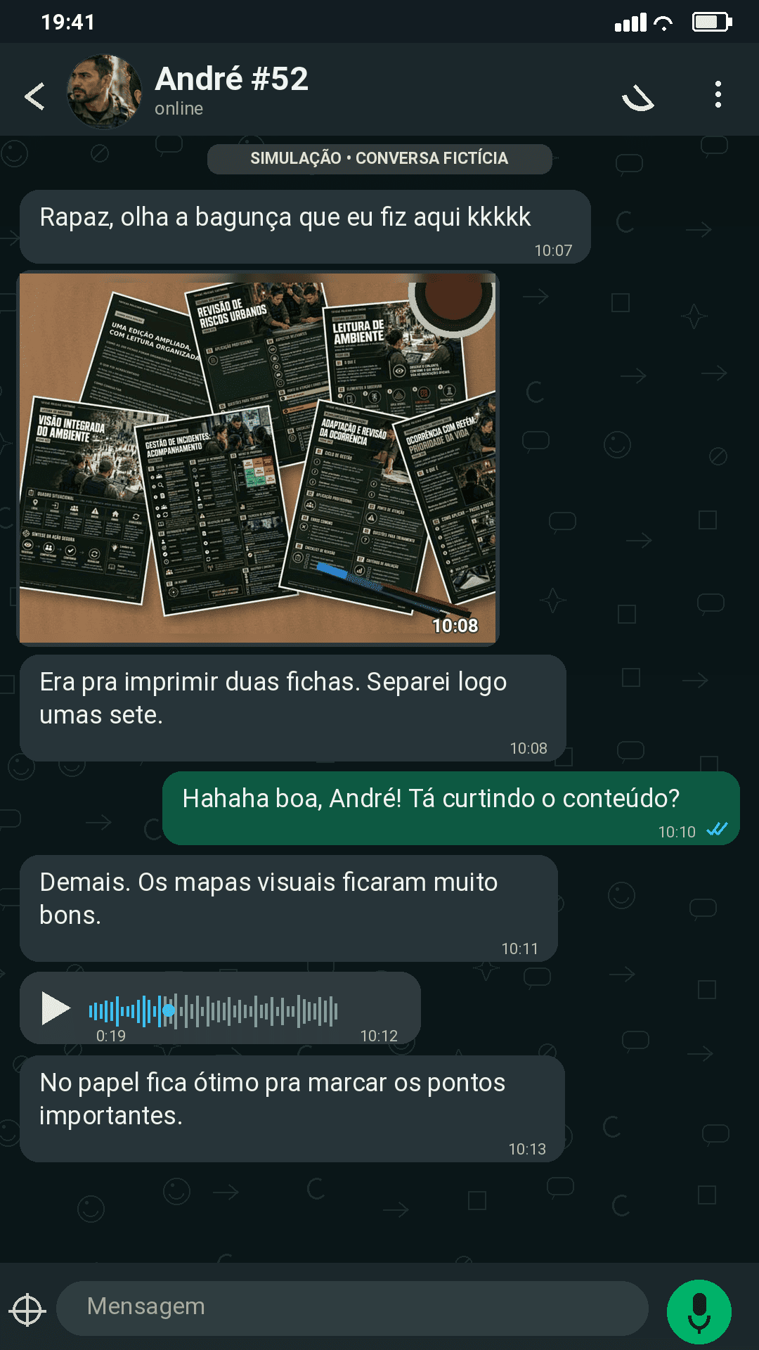 Print de WhatsApp: conversa com André mostrando sete fichas impressas espalhadas na mesa e elogiando os mapas visuais