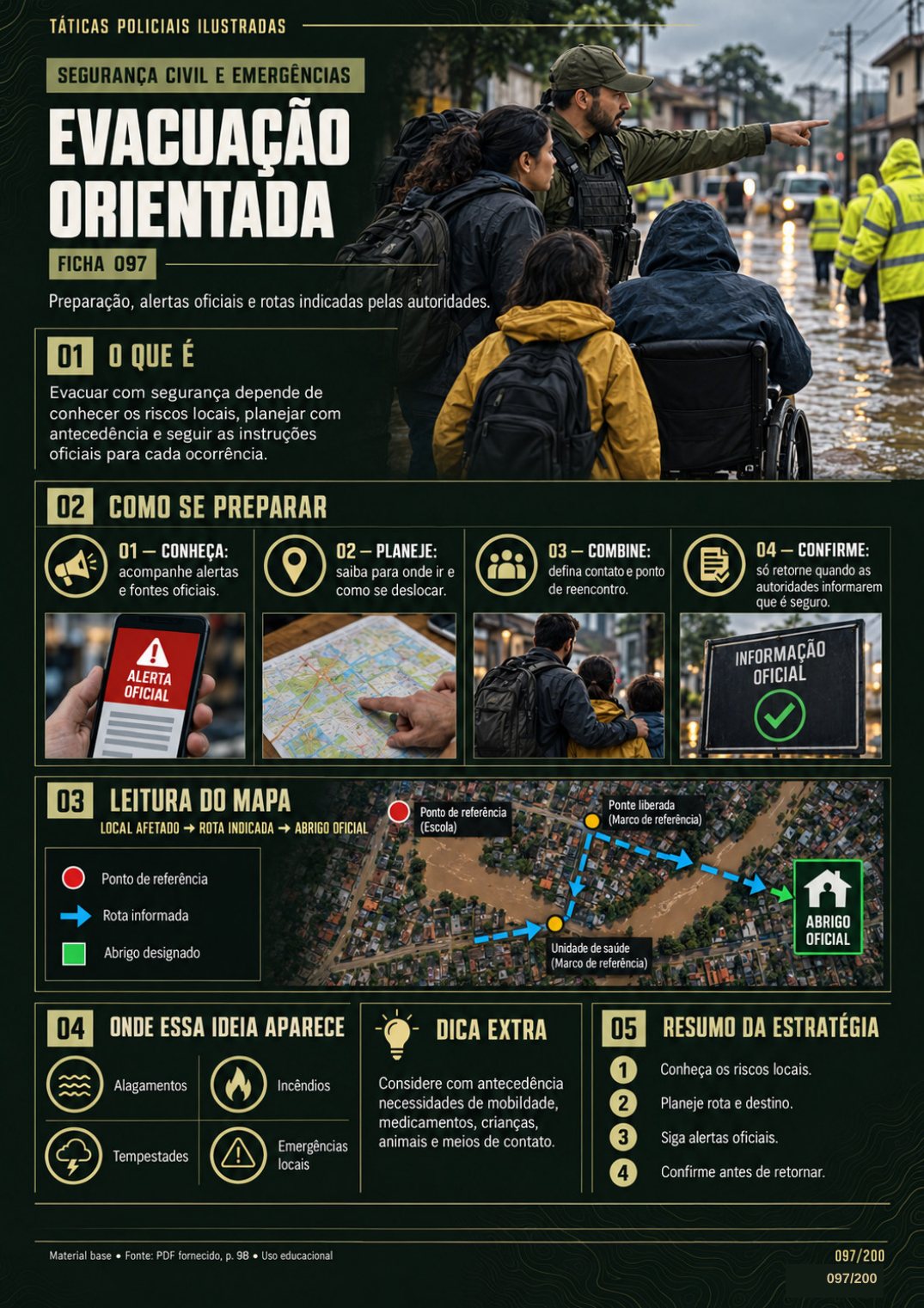 Ficha 097 — Evacuação Orientada: diagrama tático de mapa, ilustrações e blocos explicativos